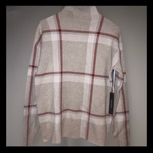 Tahari Tan Maroon Plaid Soft Mock Neck Preppy Sweater Boxy Relaxed Fit Sz S NWT